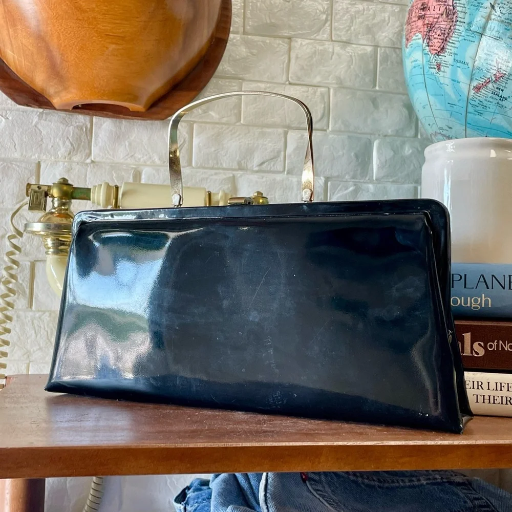 Vintage 1960s Bobbie Jerome Black Patent Leather Metal Top Handle Evening Bag - Picture 8 of 8